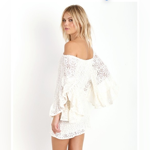 Jen's Pirate Booty Mini Dress French Lace Bardot Natural Size Medium - Picture 5 of 16